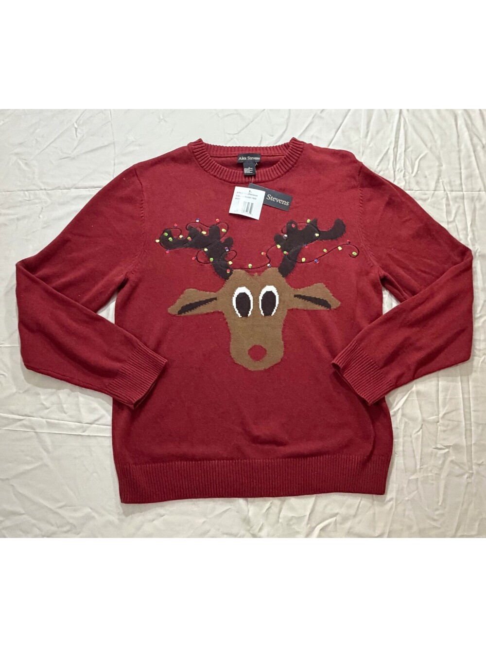 Alex Stevens Mens L Ugly Christmas Sweater Reindeer Lights Red NWT Cotton